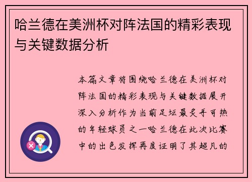 哈兰德在美洲杯对阵法国的精彩表现与关键数据分析